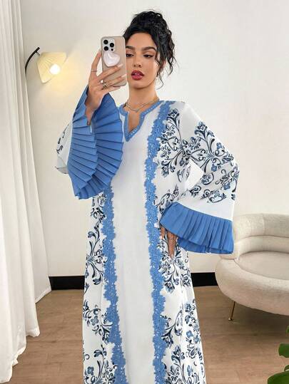 Al Najma 女式V领褶皱喇叭袖休闲复古阿拉伯风格连衣裙