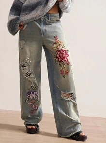 Bohemela BOHO Countryside Vacation Style Casual Woven Embroidered Beaded Loose Women Jeans - Blue - View 6