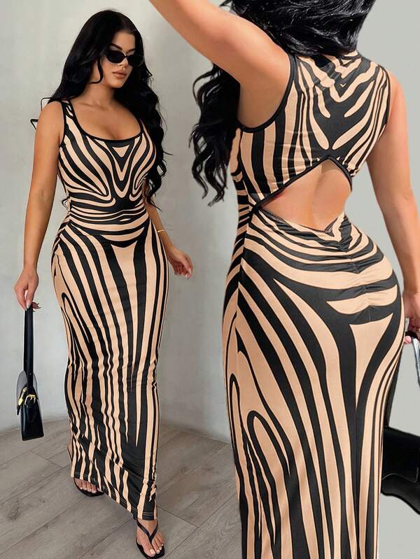 SHEIN SXY Women's Elegant Sexy Fitted Zebra Print Body Curve Positioning Pattern Dress, Backless Dress, Suitable For Daily Outing, Dating, Party, Birthday Wear