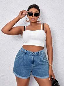 SHEIN SXY Plus Size Women's Pocketed Pleated Loose Casual Versatile Denim Shorts