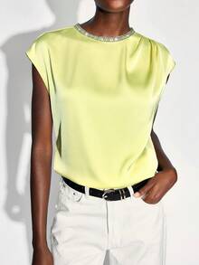 Maija 女士优雅通勤水钻装饰盖袖衬衫，夏季 - 黃色 - 查看 6