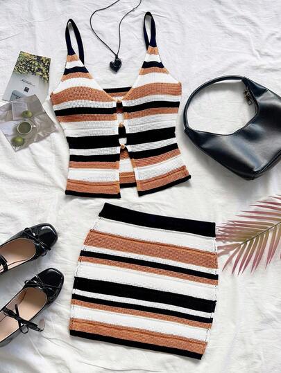 Soleia Women's Summer Casual Vacation 2 Pieces Set,Black And White Striped Sleeveless Hollow-Out Top And Mini Skirt,Boho Knit Holiday Outfits