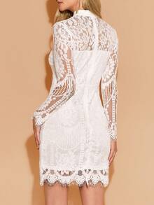 Amorya Women's Elegant Lace Trim Hem Dress, New Arrival Autumn, White Lace Sleeve Dress White Lace Dress White Cocktail Dress Lace Dress Women White Lace Mini Dress White Party Dress  Dirndl    Homecoming Dress White Long Sleeve Lace Dress White Dress Chic Autumn - White - View 2