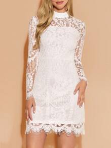 Amorya Women's Elegant Lace Trim Hem Dress, New Arrival Autumn, White Lace Sleeve Dress White Lace Dress White Cocktail Dress Lace Dress Women White Lace Mini Dress White Party Dress  Dirndl    Homecoming Dress White Long Sleeve Lace Dress White Dress Chic Autumn - White - View 6