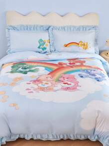 SHEIN X Care Bears 3pc Cute Cartoon Bear & Rainbow Print Ruffle Trim Bedding Set,Suitable For Single Bed/Double Bed/Queen Bed/King Bed, Dormitory/Home - Blue - View 2
