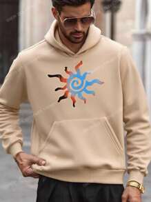 Manfinity NXTstreet 男士休闲针织太阳图案水印花连帽衫，适合日常穿着 男士连帽衫 图案男士连帽衫 套头衫 男士连帽衫 太阳图案连帽衫，Emo 风格，2000 年代风格，适合秋冬 - 卡其色 - 查看 7