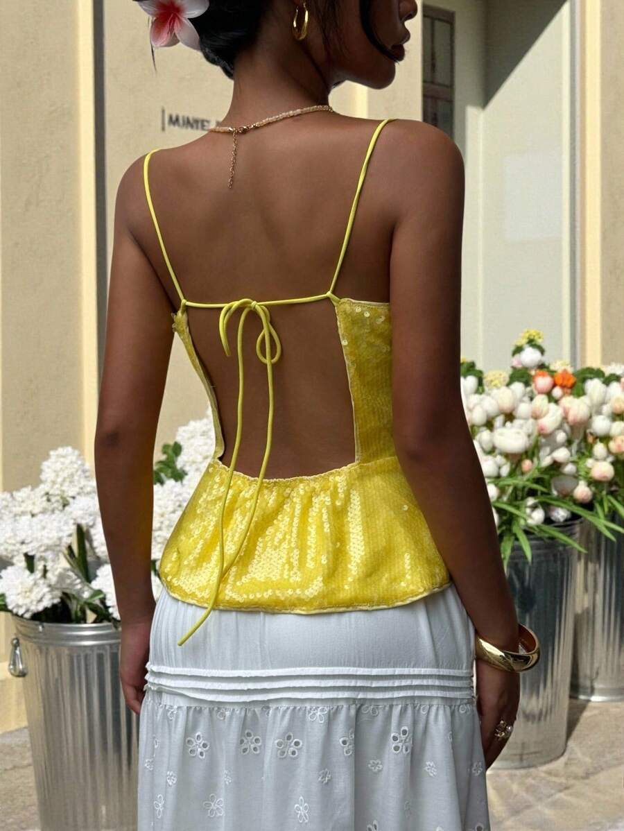 SHEIN EZwear 女士夏季性感黄色亮片露背吊带背心 - 黃色 - 查看 1