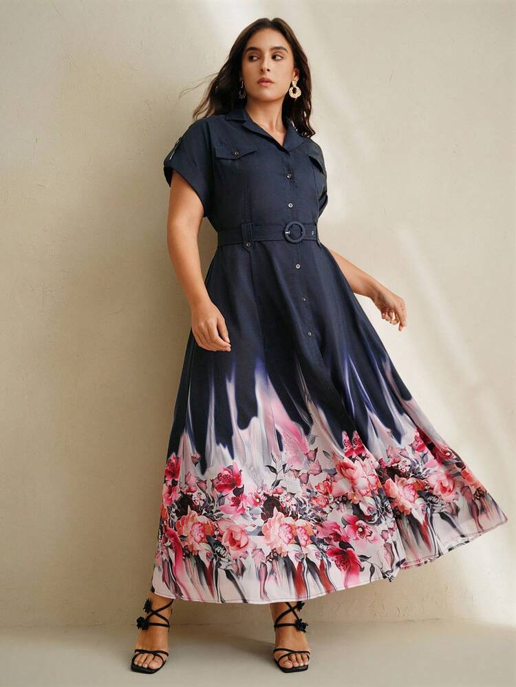 Nuevo vestido de manga corta con estampado floral, de corte retro y elegante, de talla grande y abotonadura sencilla