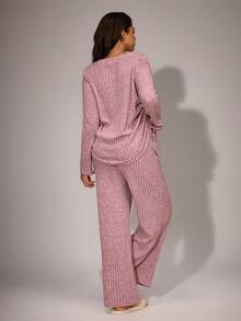 SHEIN 女士休闲拉绒 V 领褶饰抽绳女士长袖上衣和裤子睡衣两件套休闲套装，罗纹休闲套装，舒适套装女士粉色休闲套装舒适套装，秋季服装 - 藕粉色 - 查看 2