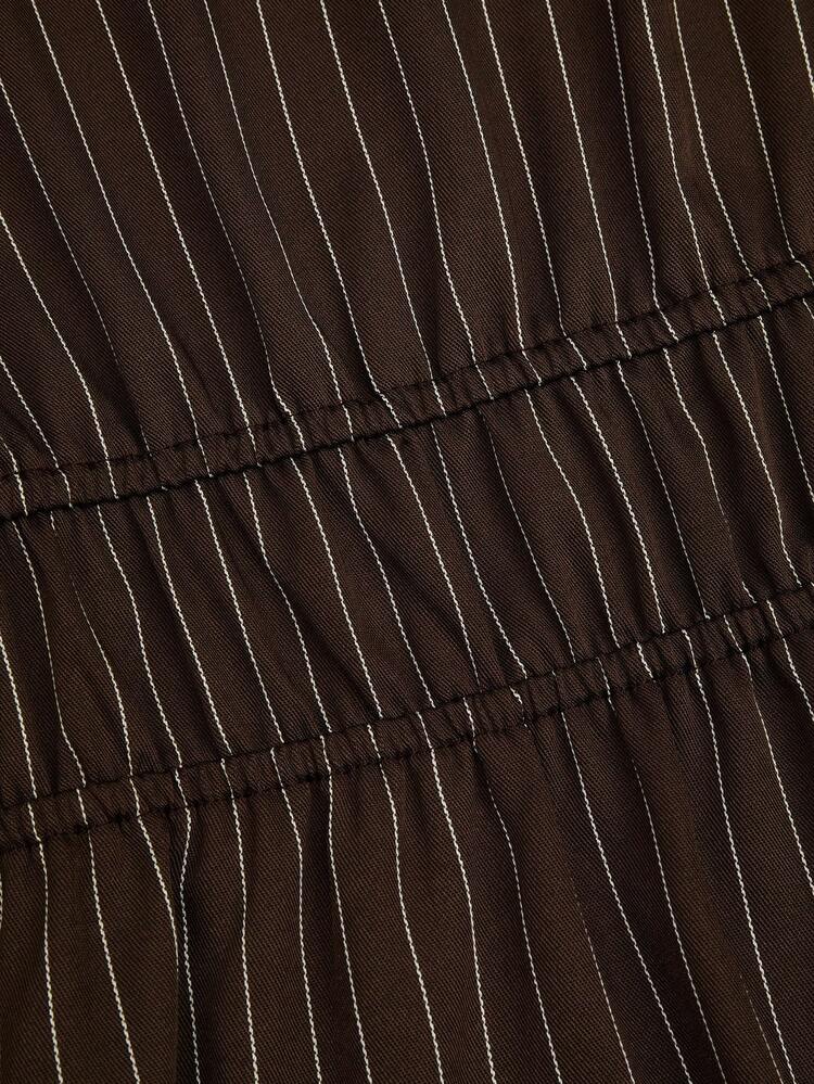 Sweetra Áo blouse dáng rộng, xẻ chữ V sâu, buộc dây phía trước, tay loe, eo bó, họa tiết sọc nâu trắng, thường ngày, đi làm, hẹn hò, cỡ lớn - màu nâu - Xem 7