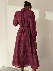 Aveloria Modichic Solid Color Hollow Embroidery Cinched Waist Front Long Sleeve Shirt Dress - Burgundy - View 2