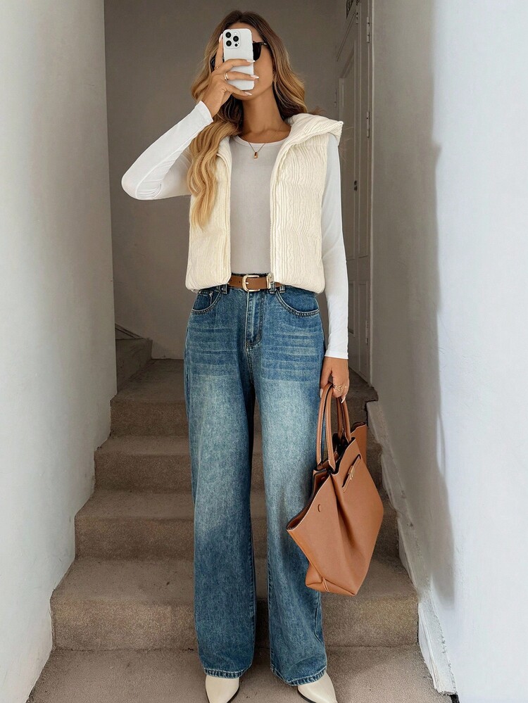 Easowa 前拉链连帽纹理无袖夹克，休闲宽松通勤复古风格棉服外套，女士羽绒背心，粗针织背心，秋冬连帽背心 - 杏色 - 查看 4