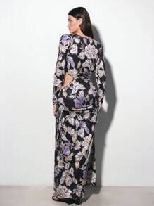 Maija 女式加大码圆领长袖花卉印花腰部镂空收腰褶饰连衣裙 - 彩色 - 查看 2