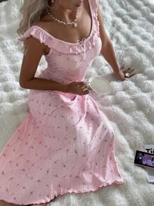 CottageSlumber 女式碎花睡袍，荷叶边领，可爱舒适的长裙 - 粉色 - 查看 7