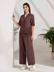 Lacomfia Lapel Neck Button Front Blouse & Wide Leg Pants 2 Pieces Set - Red Violet - View 5
