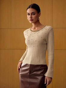 MOTF PREMIUM SUÉTER AJUSTADO CON DETALLE DE PERLAS FALSAS - Albaricoque - Ver 4