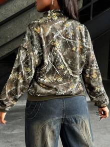 INAWLY 休闲宽松拉链立领植物图案女式卫衣，长袖上衣，适合毕业季、教师节、返校季等场合，秋季新款 - 軍綠色 - 查看 2