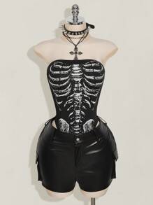 SHEIN ICON 女式骷髅印花吊带背心紧身衣 - 黑色 - 查看 4