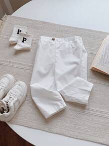 男婴白色不对称纽扣装饰松紧腰宽松绅士风裤子，适合生日派对、洗礼、1 岁生日庆祝、正式场合 - 白色 - 查看 8