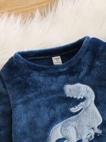 SHEIN 2 件套小男孩卡通恐龙刺绣圆领长袖上衣和长裤柔软舒适双面法兰绒睡衣套装，冬季