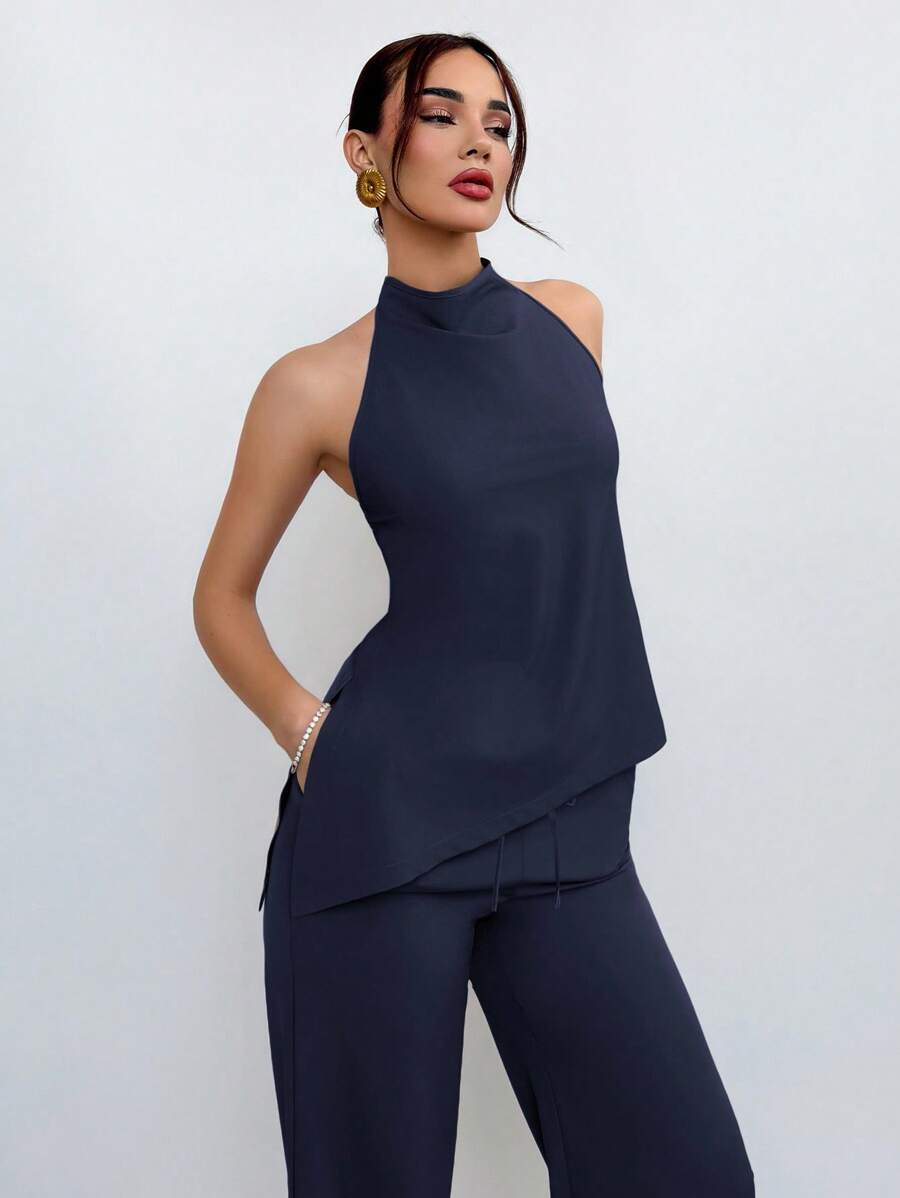 Aloruh 性感纯色露背挂脖上衣+长裤套装，夏季 - 藏蓝色 - 查看 1