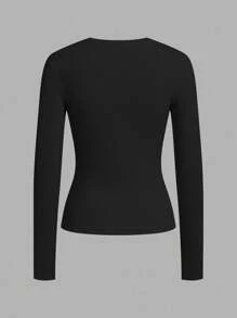 SHEIN EZwear 2 件女士休闲圆领修身长袖 T 恤套装，罗纹面料，百搭，适合秋冬季