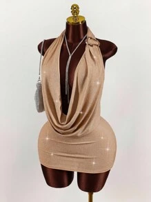 Amplova Sexy Kleid mit tiefem Ausschnitt und rückenfreiem Trägerkragen für Damen in Große Größen - Gold - Übersicht 3