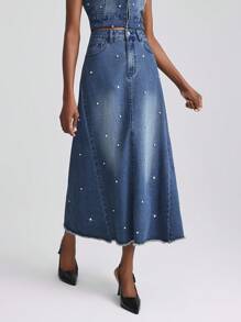 SHEIN Frenchy 女士时尚蓝色流苏牛仔钻石装饰长裙，夏季百搭 - 藍色 - 查看 1