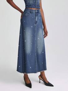 SHEIN Frenchy 女士时尚蓝色流苏牛仔钻石装饰长裙，夏季百搭 - 藍色 - 查看 4