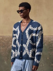 AKNOTIC Men's Casual Fashion - Loose Button - Cardigan Sweater - Contrast Jacquard - Machine Washable Or Dry Clean - Suitable For Autumn/Winter - Navy Blue - View 6