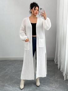 Elenzga 大码女式灯笼袖针织开衫，休闲中长款宽松开襟针织毛衣，秋冬时尚 - 米色 - 查看 5