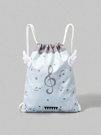 Anime Blue Polka Dot Star & Music Note Drawstring Backpack With Transparent Zipper Pocket, Large Capacity Multi-Functional Casual Backpack Suitable For School, Vacation, Social, Shopping - Cute Anime Wing Design