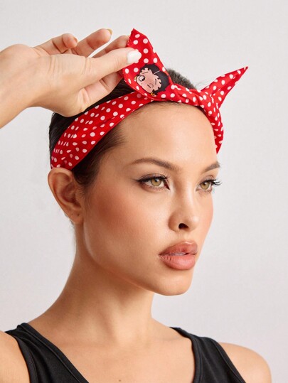 Betty Boop | ROMWE 2pcs/Set Women's Fashionable Elegant Polka Dot & Cartoon Figure Graphic Headband & Hair Hoop