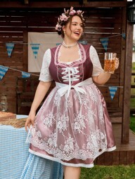 SHEIN Frenchy Elegantes weißes Dirndl in großen Größen mit Kontrastspitze und Bindegürtel, fließendes traditionelles deutsches Oktoberfestkleid im Vintage-Stil der 1950er Jahre für den Sommer, Hochzeitsgastkleid