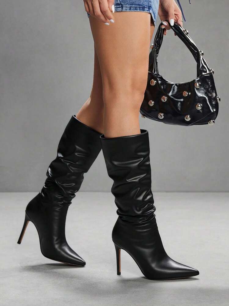 CUCCOO SZL 女士水钻尖头褶皱过膝长靴，适合约会和派对的时尚装扮 - 黑色 - 查看 8