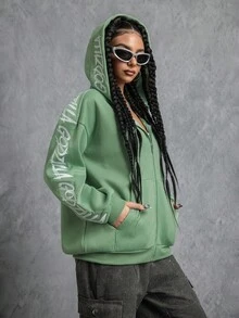 GODZILLAxKONG X SHEIN Áo nỉ chui đầu thường ngày họa tiết quái vật dành cho nữ - màu xanh lá - Xem 2