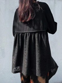 FRIFUL 女士黑色圆领插肩袖撞色蕾丝宽松休闲长袖T恤，适合外出，秋季 - 黑色 - 查看 6