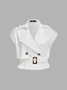 SHEIN MOD 加大码白色优雅百搭无袖亚麻腰带短款风衣背心 - 白色 - 查看 1