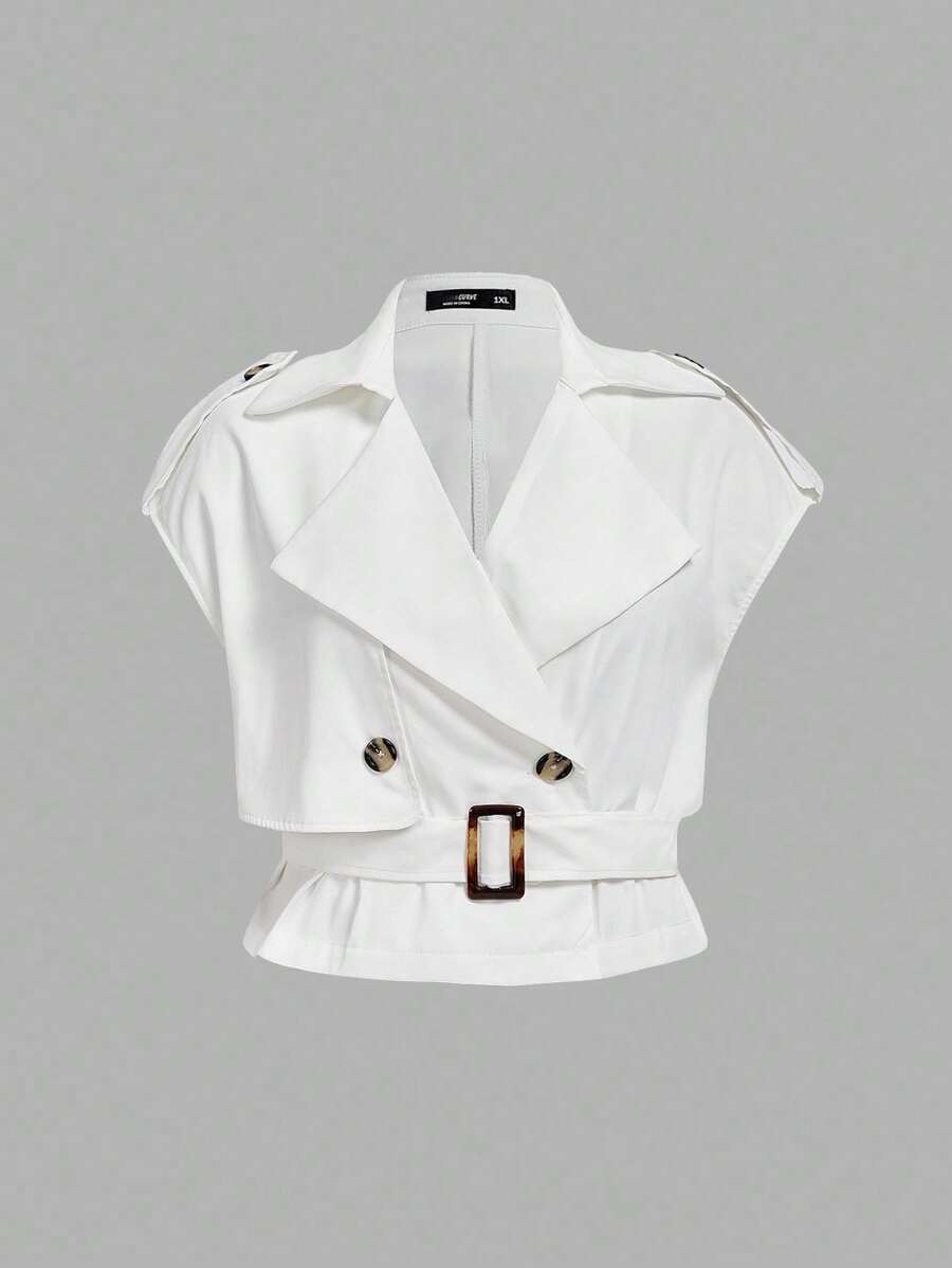 SHEIN MOD 加大码白色优雅百搭无袖亚麻腰带短款风衣背心 - 白色 - 查看 1