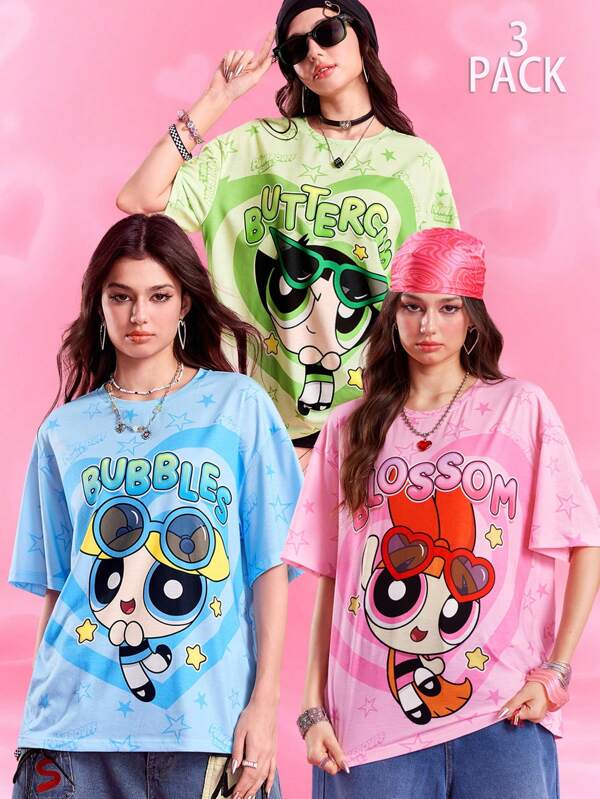 THE POWERPUFF GIRLS X SHEIN 女士休闲花朵图案圆领短袖T恤，夏季