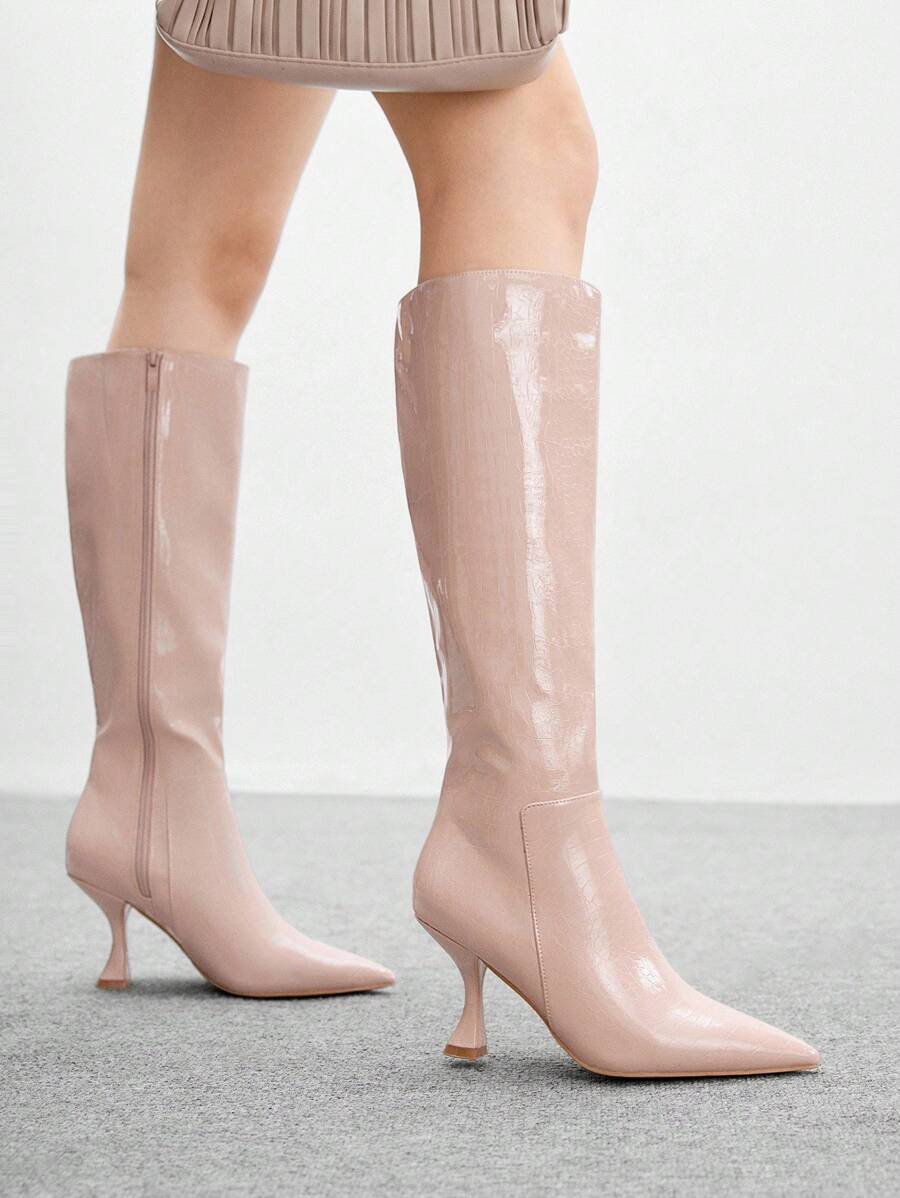 CUCCOO BIZCHIC Women's Fashion Versatile Minimalist High Heel Mid-Calf Boots, Pink - Apricot - View 1