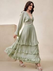 Anewsta Französisches minimalistisches Rüschen V-Ausschnitt Langarm Glockenkleid - Grün - Übersicht 7