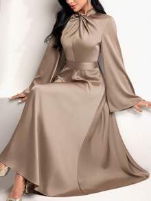 Veilorie 结领、喇叭袖、系带收腰优雅派对连衣裙 - 卡其色 - 查看 1
