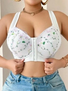 Snug Zone 1pc Front Button Embroidered Plus Size Wireless Bra Plus Size Bras Flower Bra Front Closure Bras Cute Bras - White - View 3