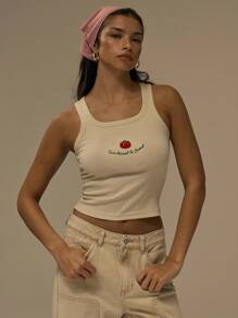 MUSERA 刺绣番茄“阳光亲吻，甜蜜”修身背心，可爱休闲印花上衣，街头风，适合节日、农舍等场合，优雅春夏假日风。 - 卡其色 - 查看 2