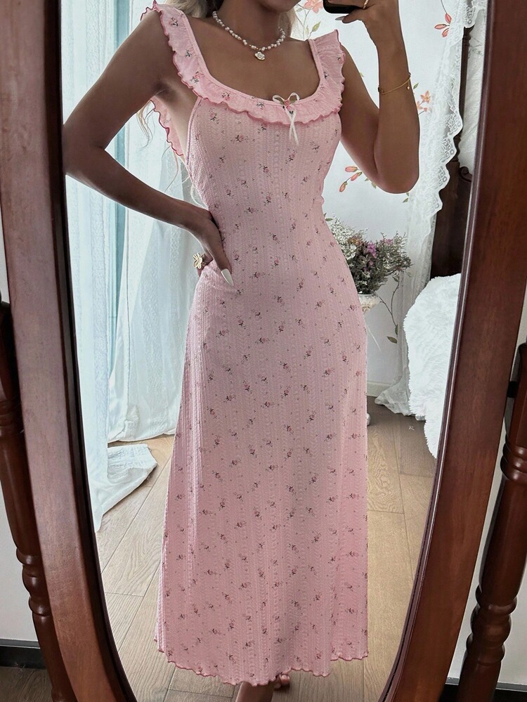 CottageSlumber 女式碎花睡袍，荷叶边领，可爱舒适的长裙 - 粉色 - 查看 6