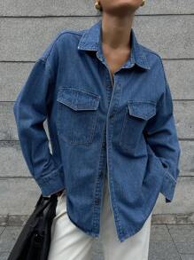 DAZY Vintage Washed Denim Long Sleeve Shirt - Blue - View 2