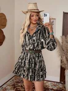 LanaWest Women Stand Collar Cardigan Waist Lantern Sleeve Ruffle Hem Long Sleeve Short Dress - Multicolor - View 4