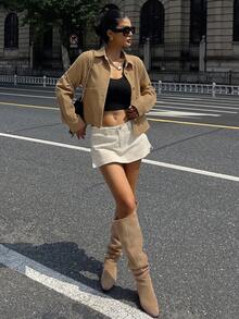 DAZY 时尚复古复古硬币图案棕色时尚高端牛仔夹克和外套 - 駝色 - 查看 5