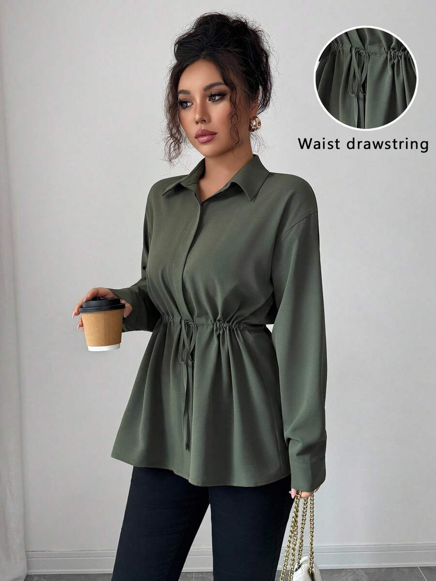 SHEIN Elenzya Women's Elegant French Office Commute Street Snap Utility Shirt, Featuring Shirt Collar, Front Placket, Waist Drawstring, Bowknot, Long Sleeve, Suitable For Spring, Autumn And Winter - Army Green - View 1
